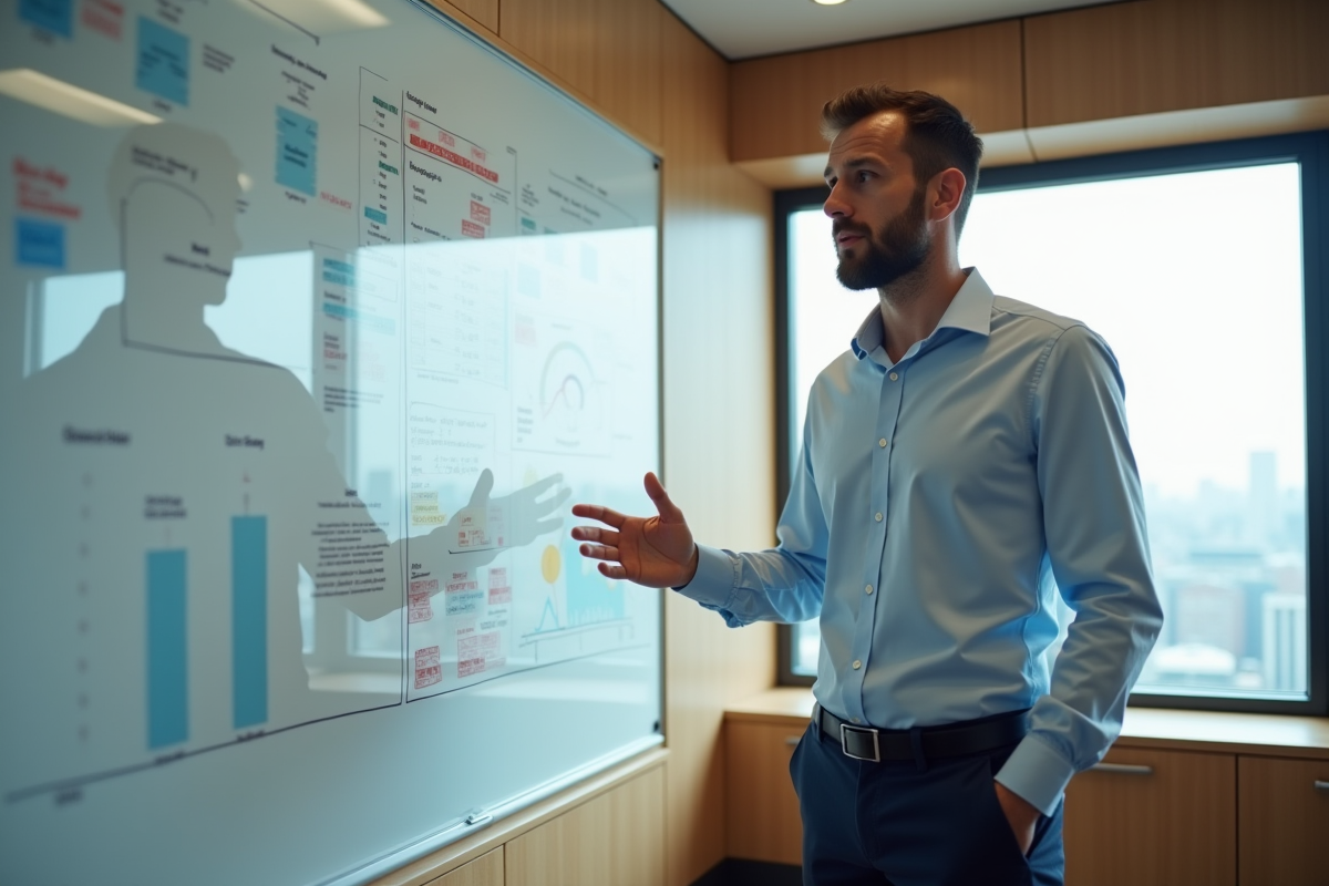 Homme en chemise bleue expliquant des diagrammes financiers