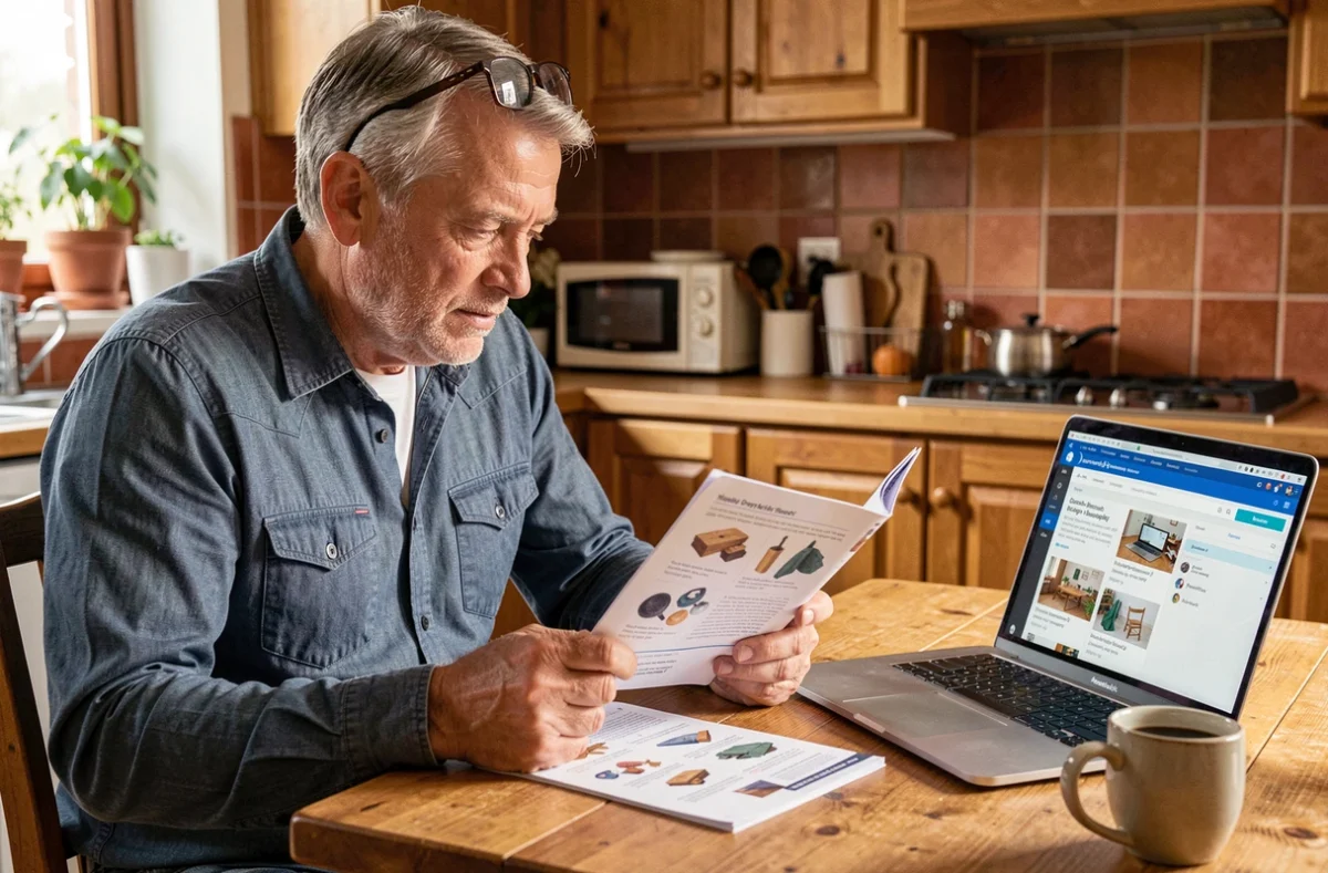 Homme étudiant un tutoriel de bricolage imprimé avec un ordinateur portable affichant une formation en ligne bricoludik.fr dans une cuisine chaleureuse