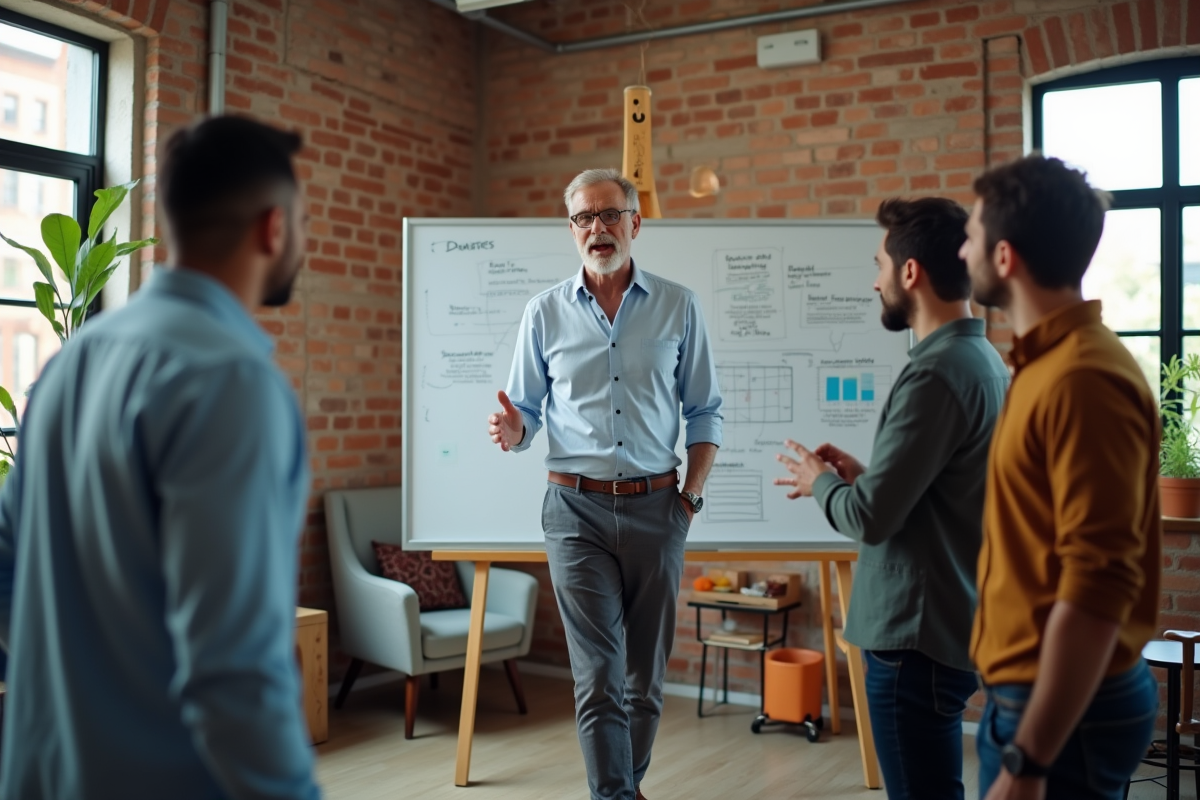 Homme expliquant des idées à une équipe dans un espace de coworking