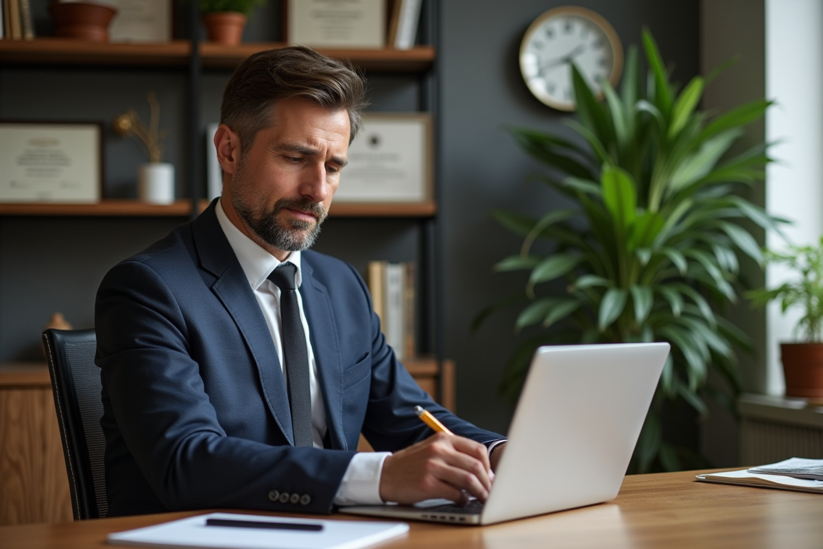 Homme en costume travaillant sur son ordinateur à domicile