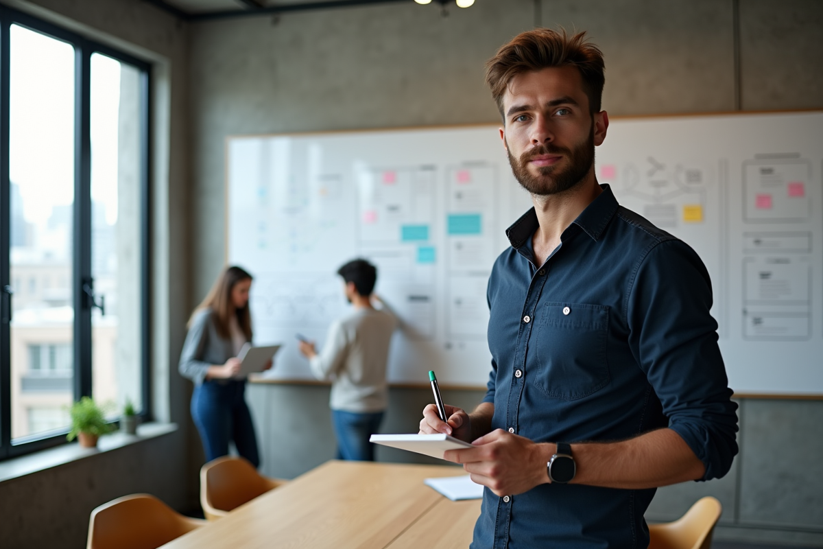 Homme en réunion avec tableau de diagrammes et collègues