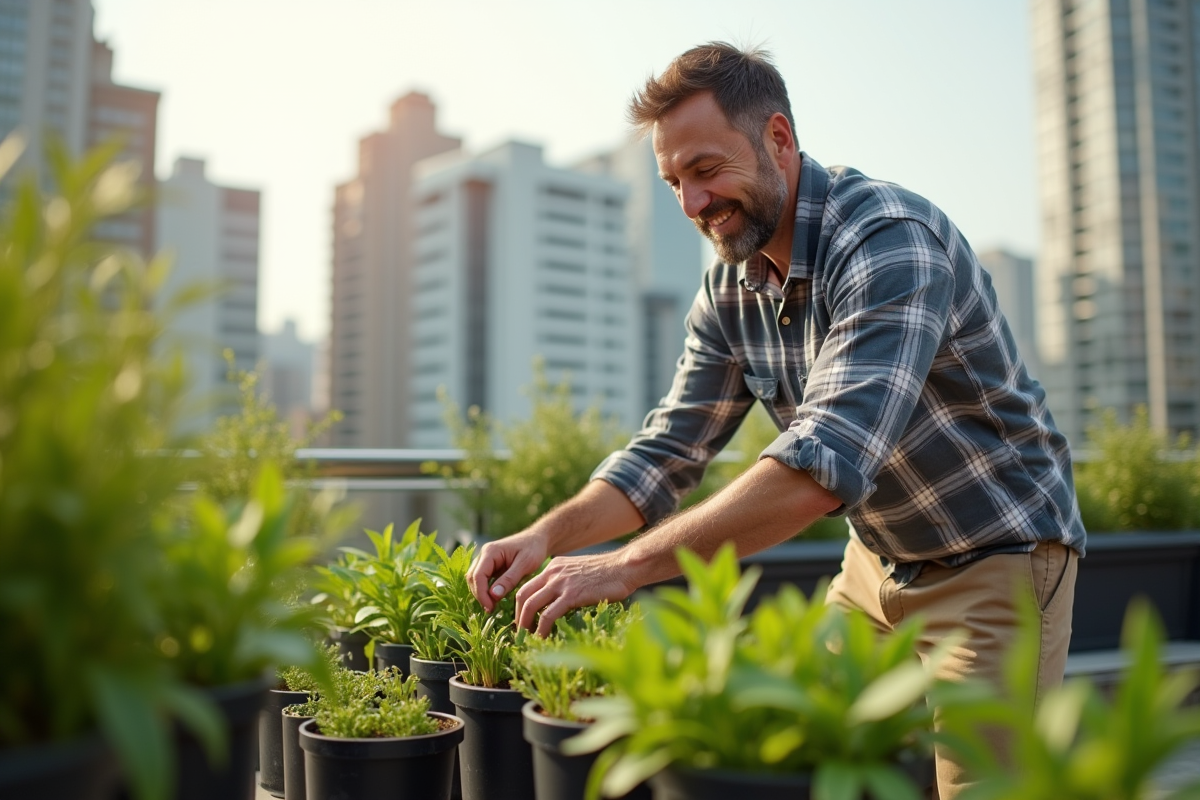Homme jardinant sur un toit urbain avec plantes vertes