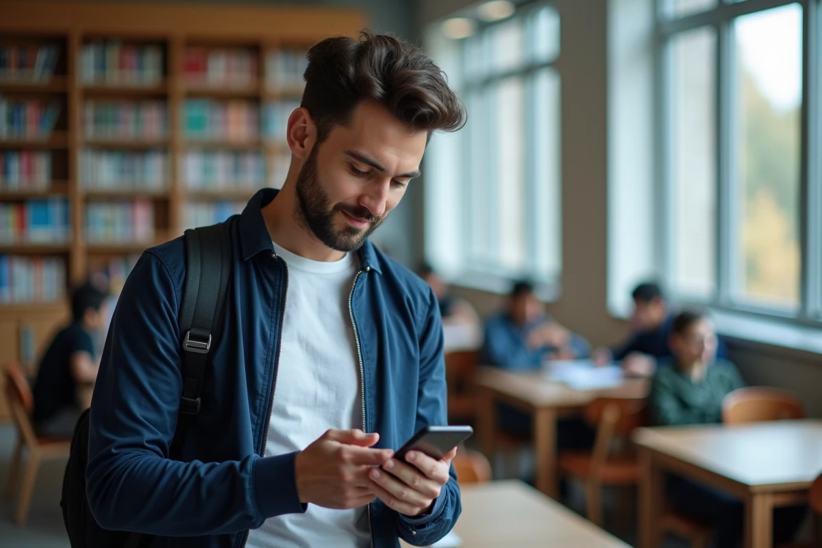 Homme accédant à sa messagerie académique Clermont-Ferrand depuis un smartphone dans une bibliothèque universitaire