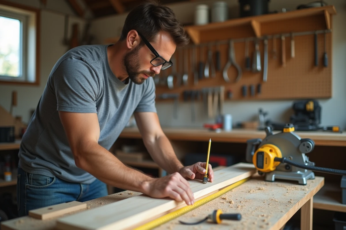 Homme mesurant une planche en bois dans un atelier de bricolage à domicile, apprenant à éviter les erreurs de débutant