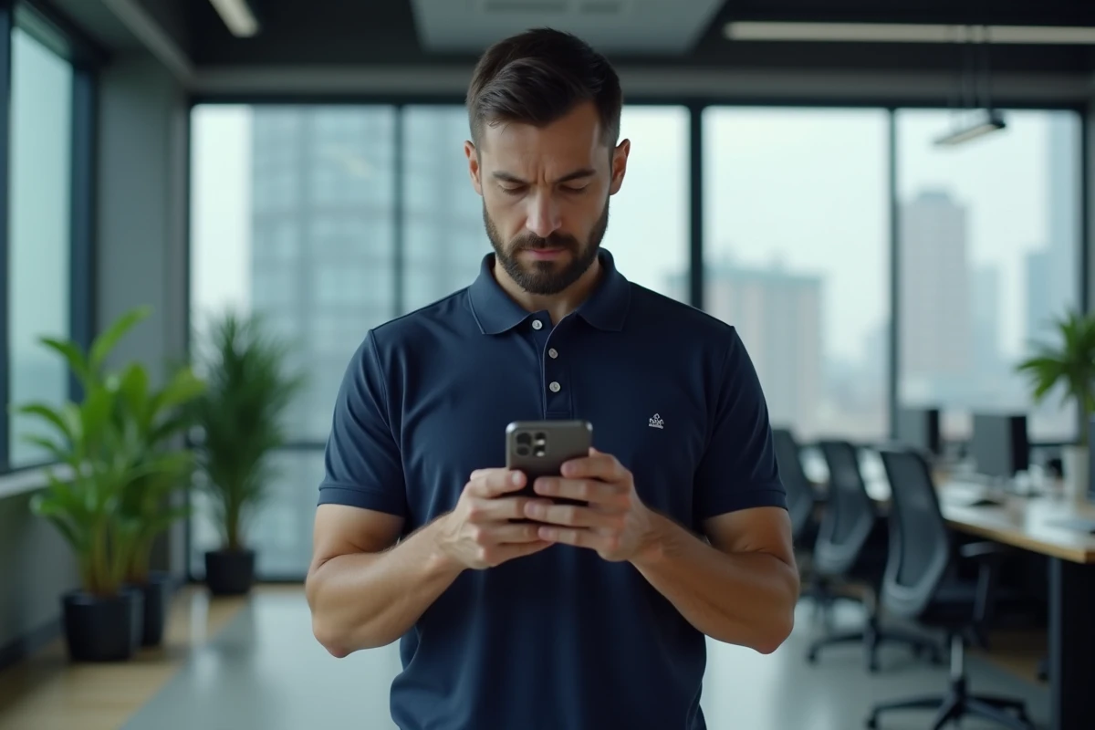 Homme en open space configurant son compte mail AC Strasbourg sur mobile en milieu professionnel