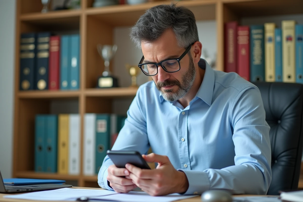 Homme d age moyen utilisant un smartphone dans un bureau organisé