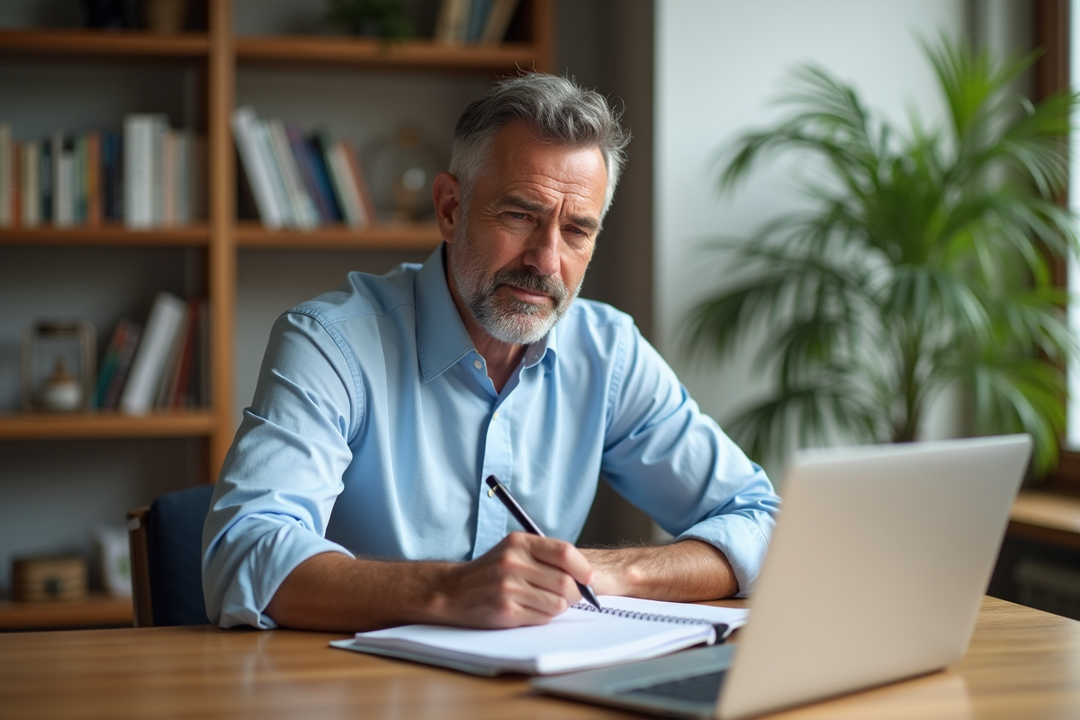 Homme planifiant sa journée avec un agenda dans un espace lumineux