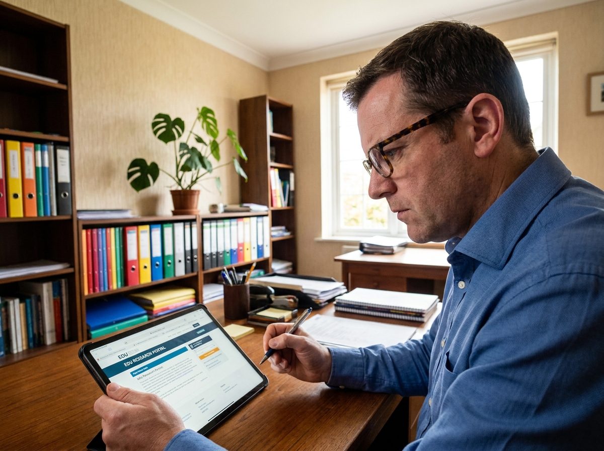 Homme analysant des sites éducatifs sur une tablette dans un bureau