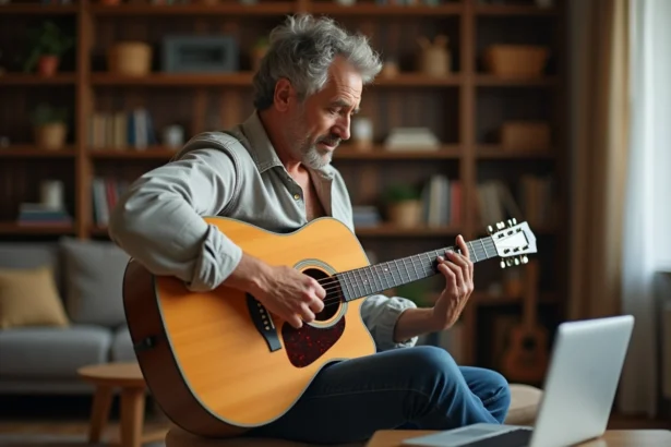 Homme d'une quarantaine d'années reprenant la guitare acoustique à la maison avec un cours en ligne sur ordinateur portable