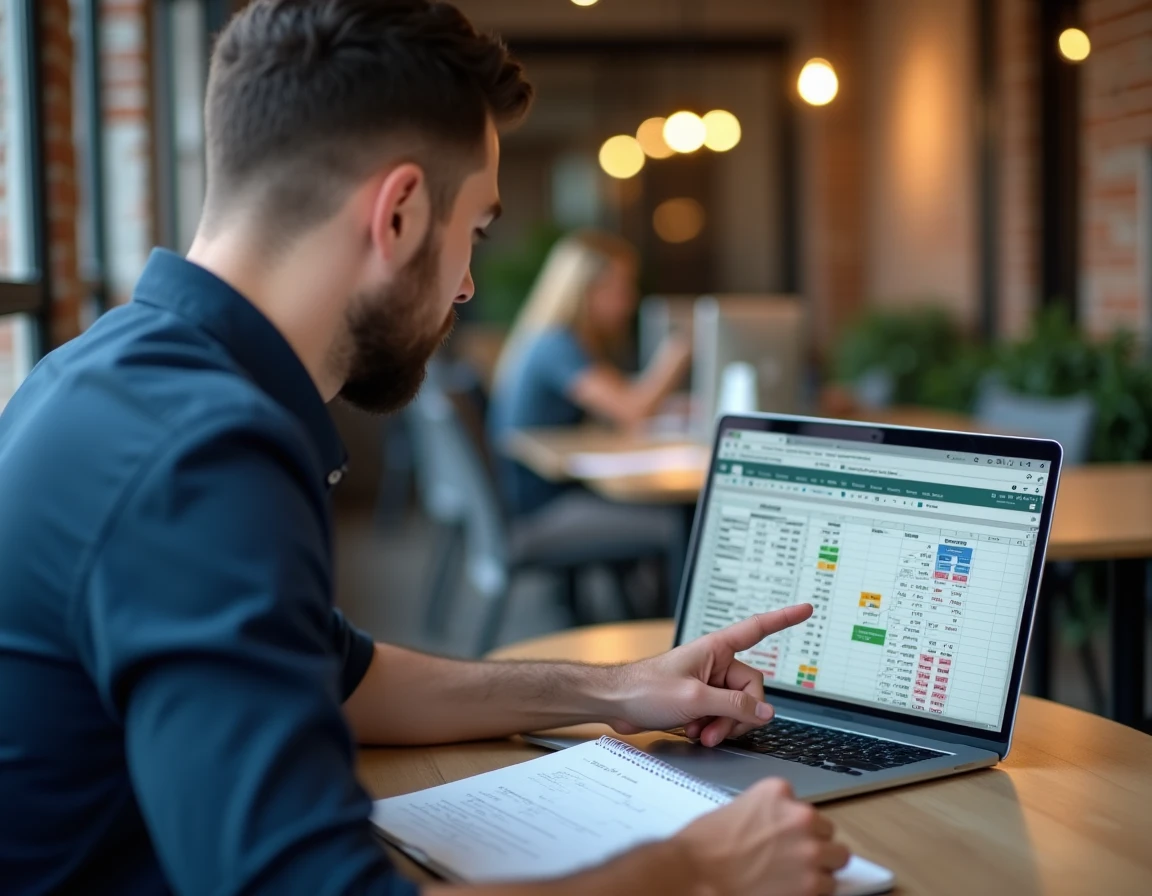 Homme pointant un tableau Excel sur son ordinateur portable dans un espace de coworking