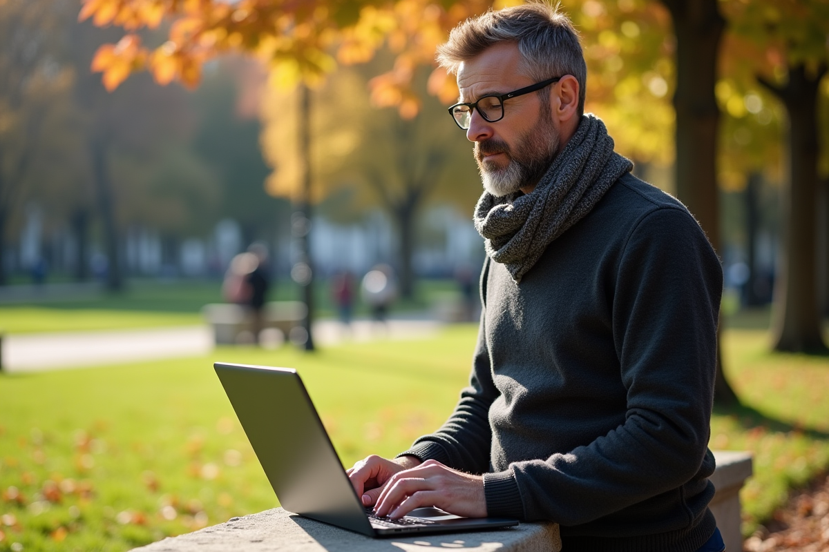 Homme travaillant sur un ordinateur dans un parc en plein air