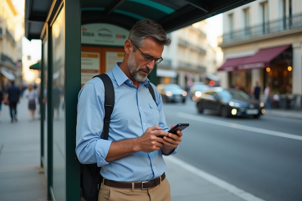 Homme vérifiant conjugaison française sur smartphone