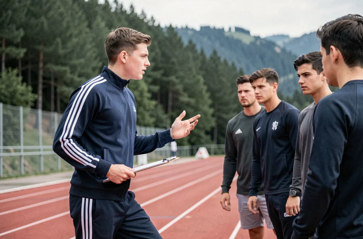 Un étudiant en formation sportive animant un exercice sur une piste d'athlétisme du Haut Bugey, à l'Institut de Formation aux Métiers du Sport