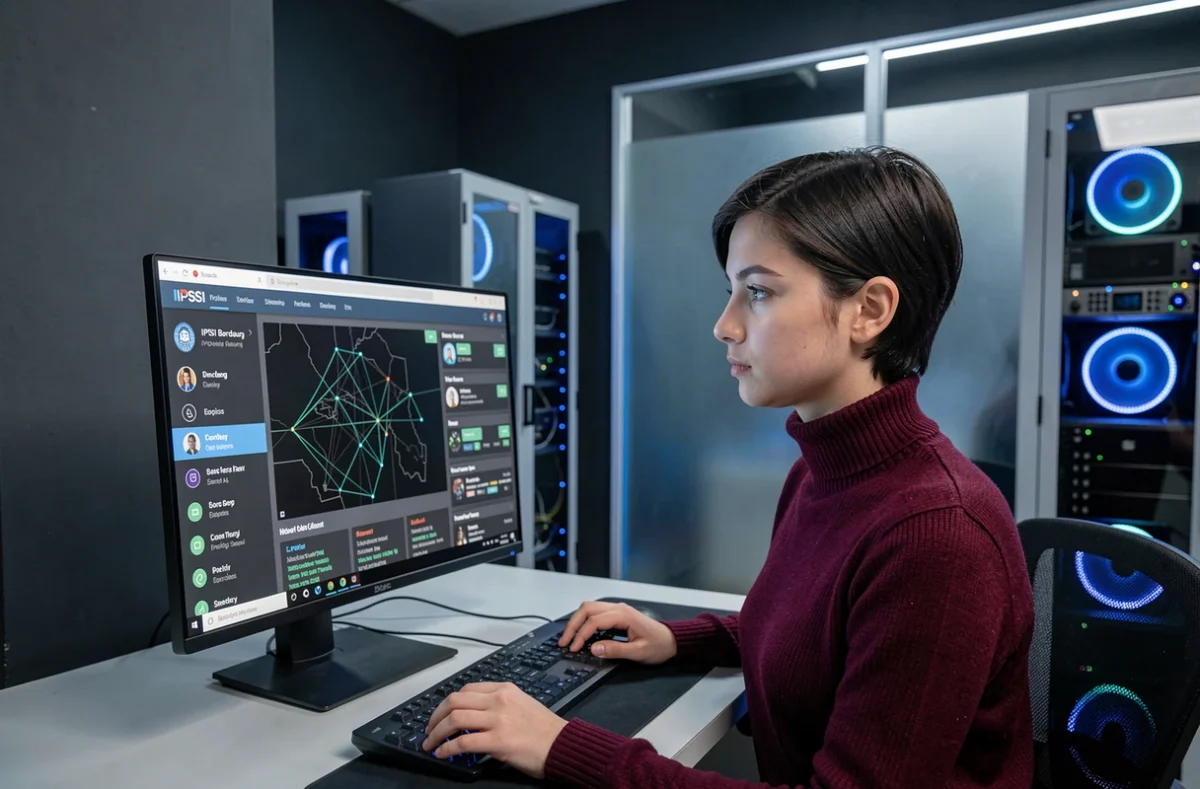 Étudiante en cybersécurité analysant un tableau de bord de menaces réseau à l'IPSSI Bordeaux