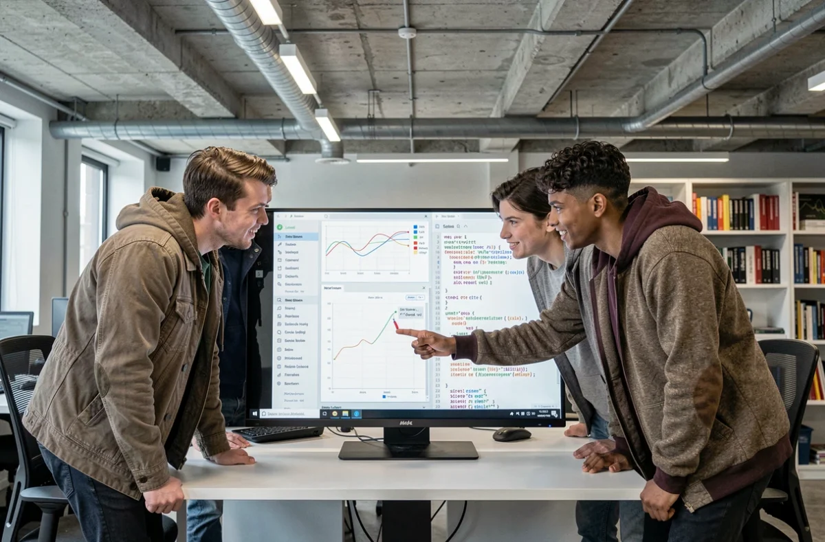 Groupe d'étudiants en intelligence artificielle analysant un modèle de machine learning à la Jedha AI School Bordeaux