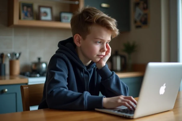 Adolescent frustré devant un ordinateur portable à la maison