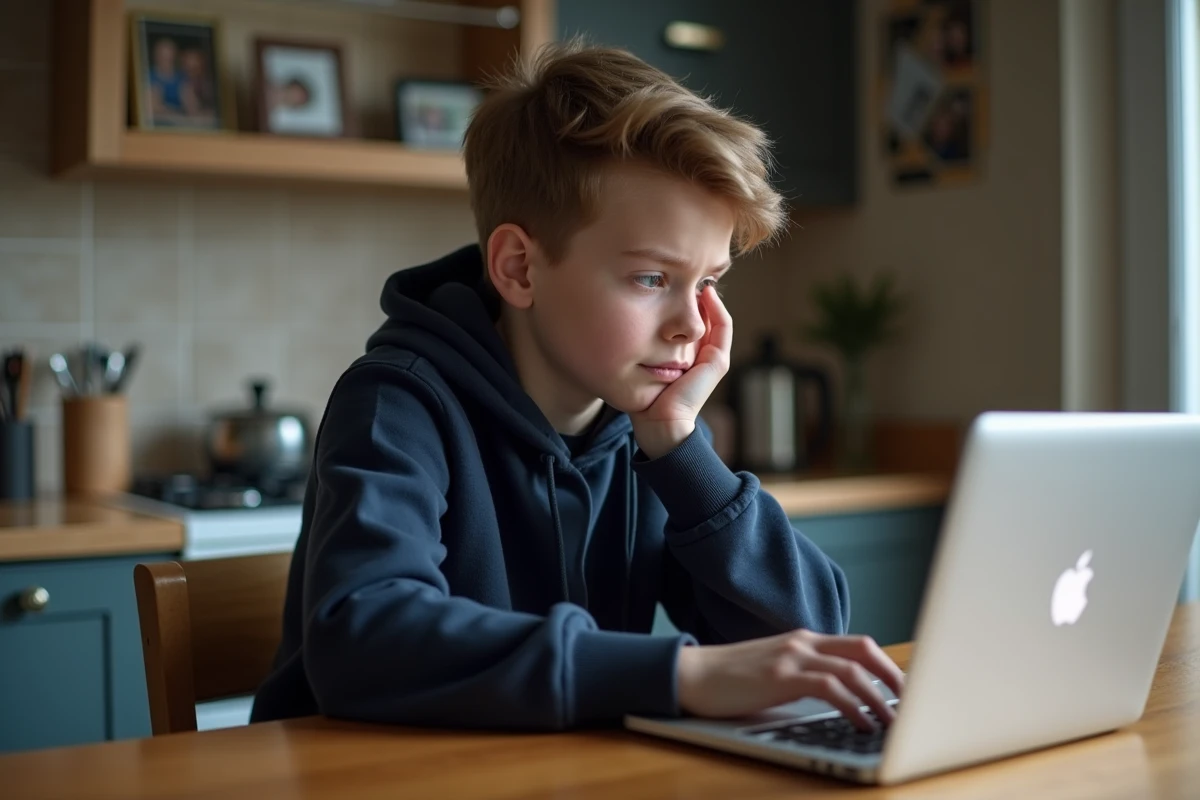 Adolescent frustré devant un ordinateur portable à la maison