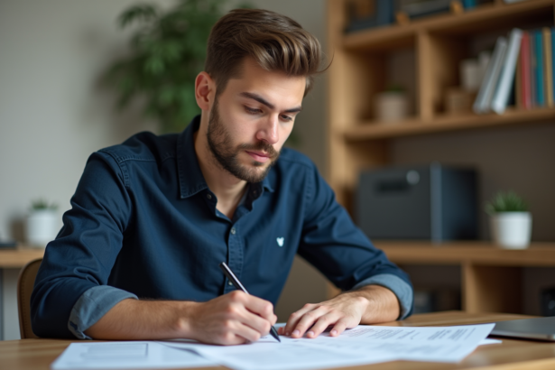 Jeune étudiant étudiant ses documents d'internat dans son appartement