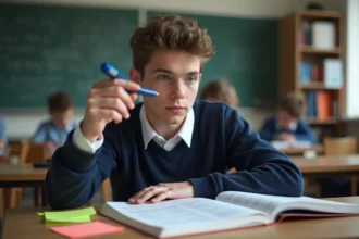 Jeune étudiant français en classe lisant un livre de littérature