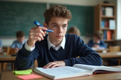 Jeune étudiant français en classe lisant un livre de littérature