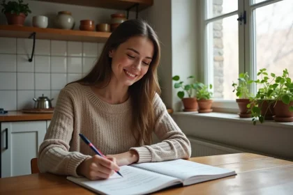 Jeune femme souriante apprend l'espagnol à la maison
