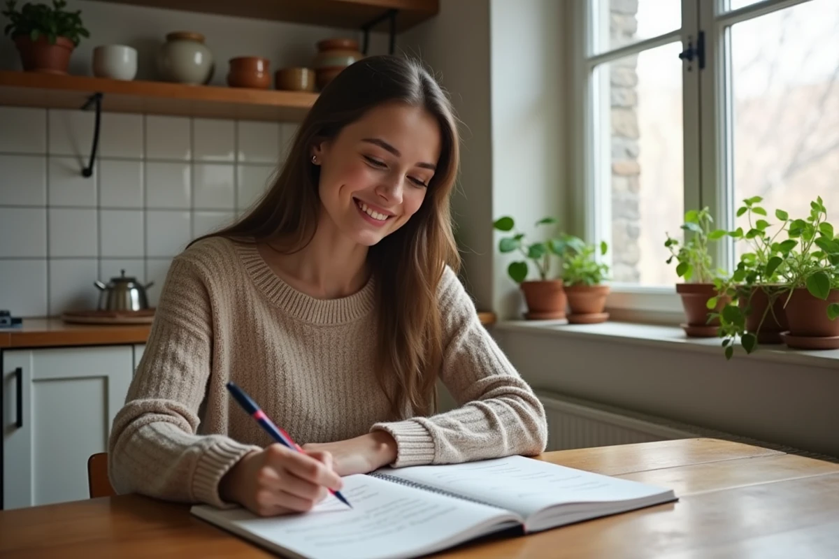 Jeune femme souriante apprend l'espagnol à la maison