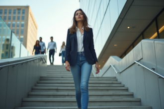 Jeune femme confiante montant des escaliers d'un bâtiment moderne