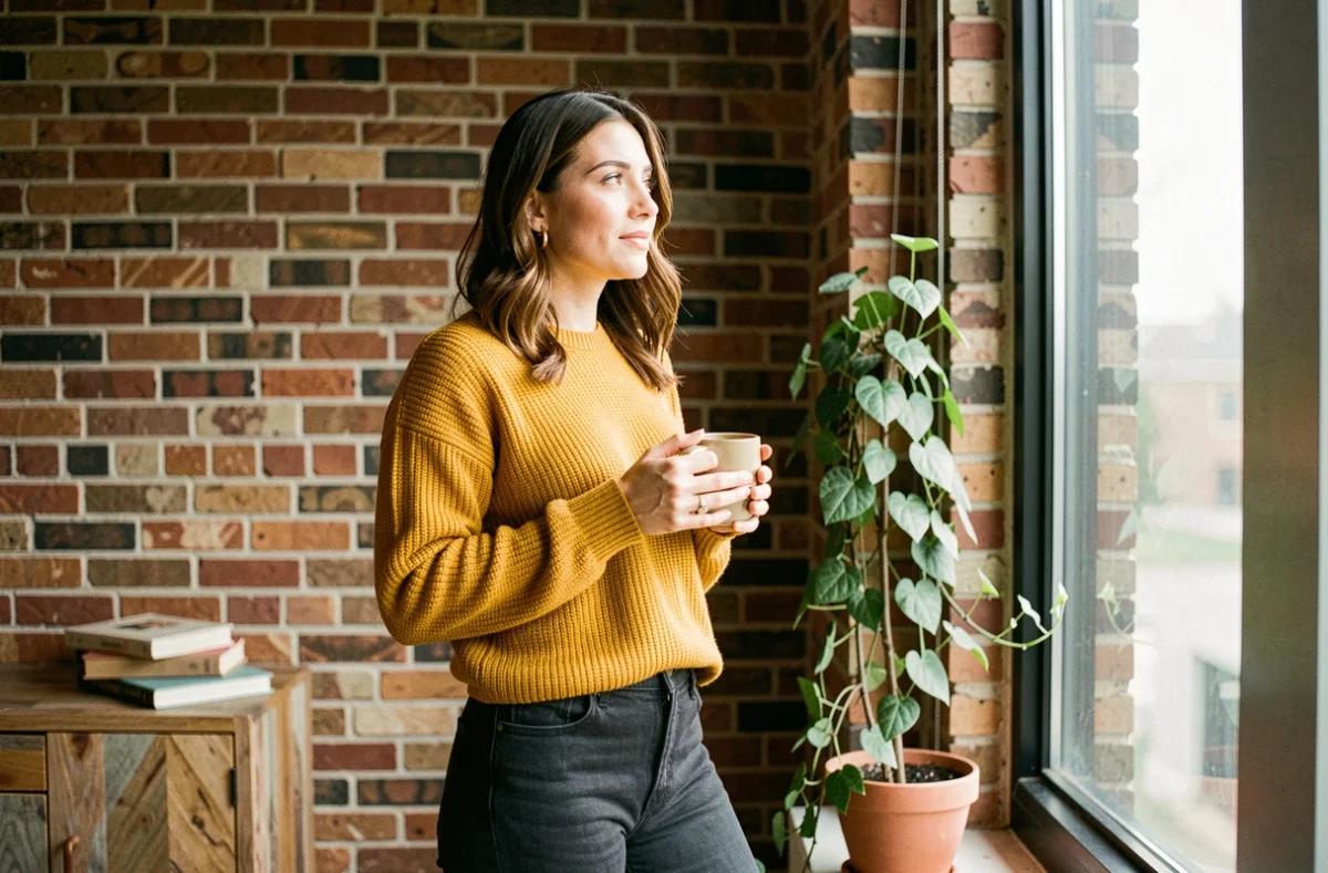Jeune femme épanouie tenant une tasse dans un appartement urbain cosy, illustrant le bien-être personnel