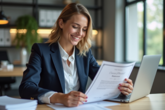 Jeune femme professionnelle souriante examine un certificat au bureau