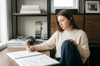Jeune femme dessinant des idées d interieur dans un bureau moderne