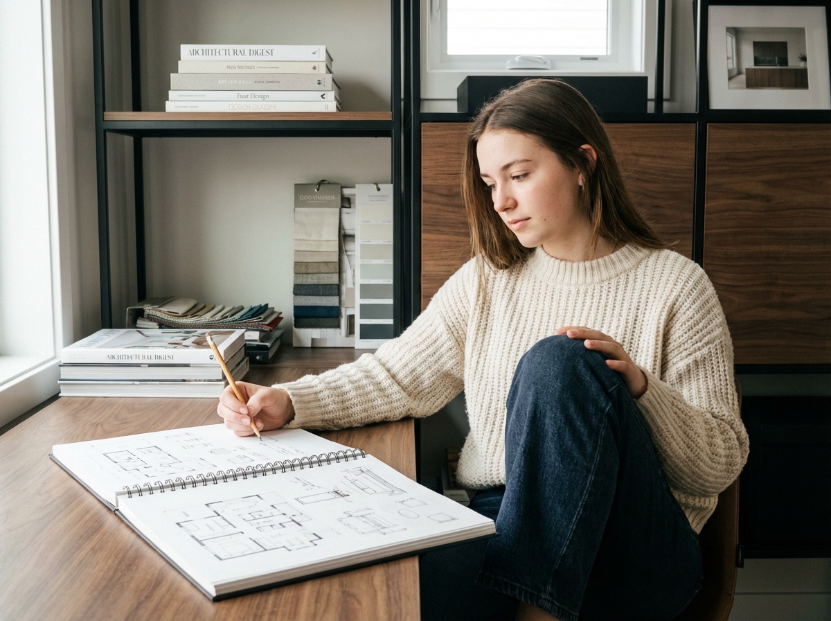 Jeune femme dessinant des idées d interieur dans un bureau moderne
