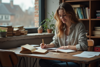 Jeune femme écrivant dans un carnet dans un intérieur créatif