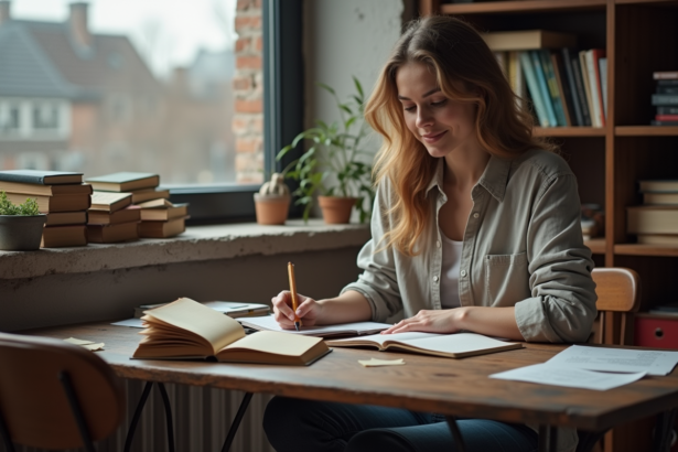 Jeune femme écrivant dans un carnet dans un intérieur créatif