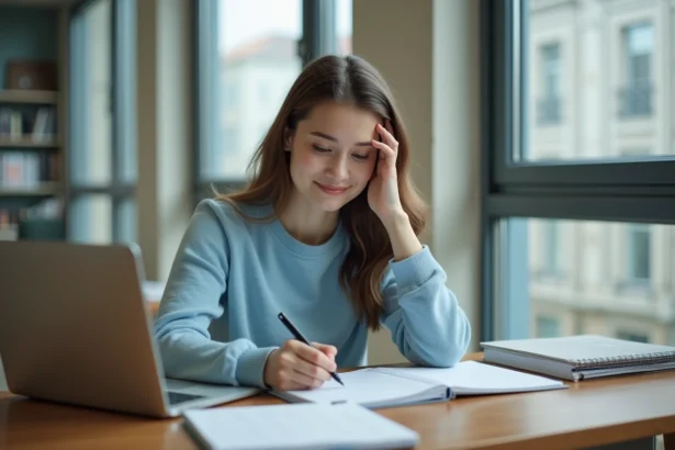 Jeune femme en étude concentrée avec ordinateur et cahier