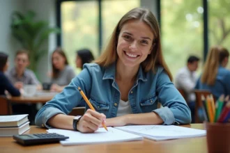 Jeune femme en étude de physique dans un salon lumineux
