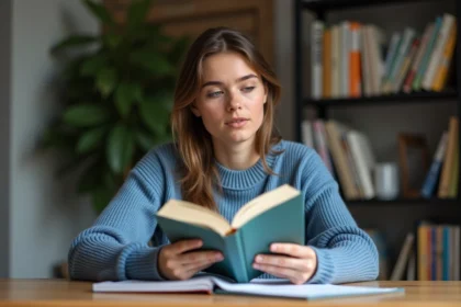 Jeune femme compare deux livres de grammaire espagnole