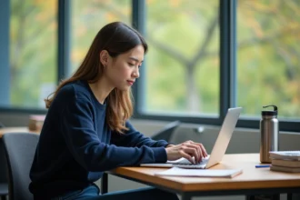 Jeune femme organisée sur son ordinateur dans un espace calme
