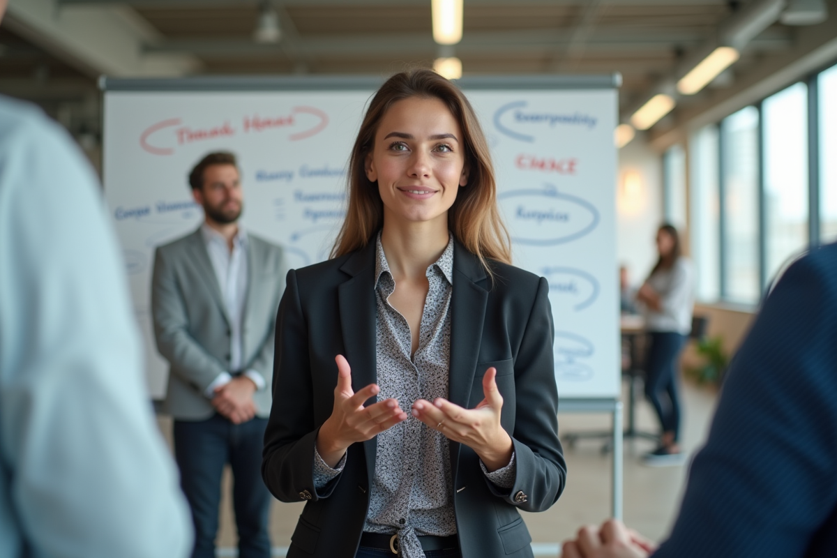 Jeune femme en présentation dans un espace de travail moderne
