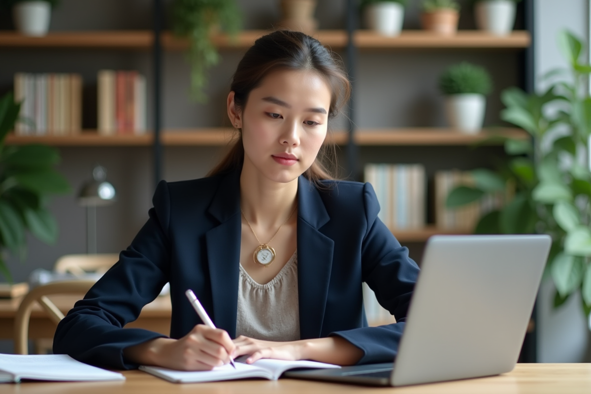 Jeune femme en blazer bleu travaillant sur ordinateur