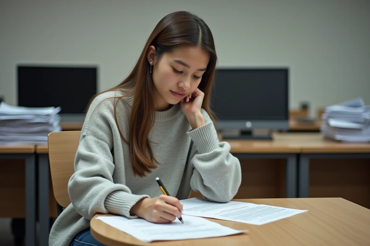 Jeune femme à son bureau remplissant des formulaires de bourse