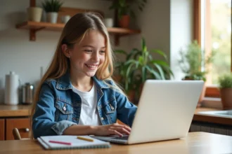 Jeune fille en denim souriante devant son ordinateur dans la cuisine