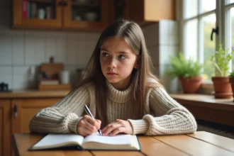 Jeune fille concentrée avec cahier de grammaire française