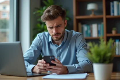 Jeune homme frustré au bureau avec ordinateur portable