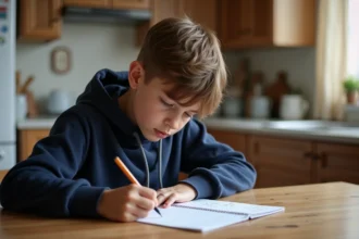 Adolescent concentré écrivant des décimales de pi