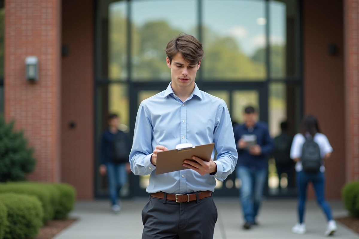 Jeune homme professionnel vérifiant la liste d'élèves devant l'école