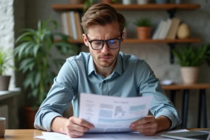 Jeune homme en costume vérifiant des documents administratifs
