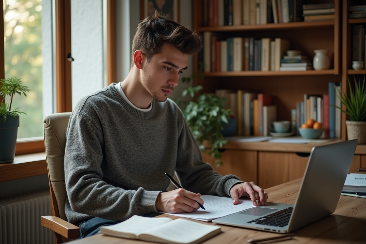 Jeune homme étudiant et relisant un script sur son ordinateur
