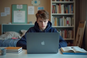 Adolescent en hoodie bleu frustré devant son ordinateur à la maison