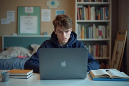 Adolescent en hoodie bleu frustré devant son ordinateur à la maison