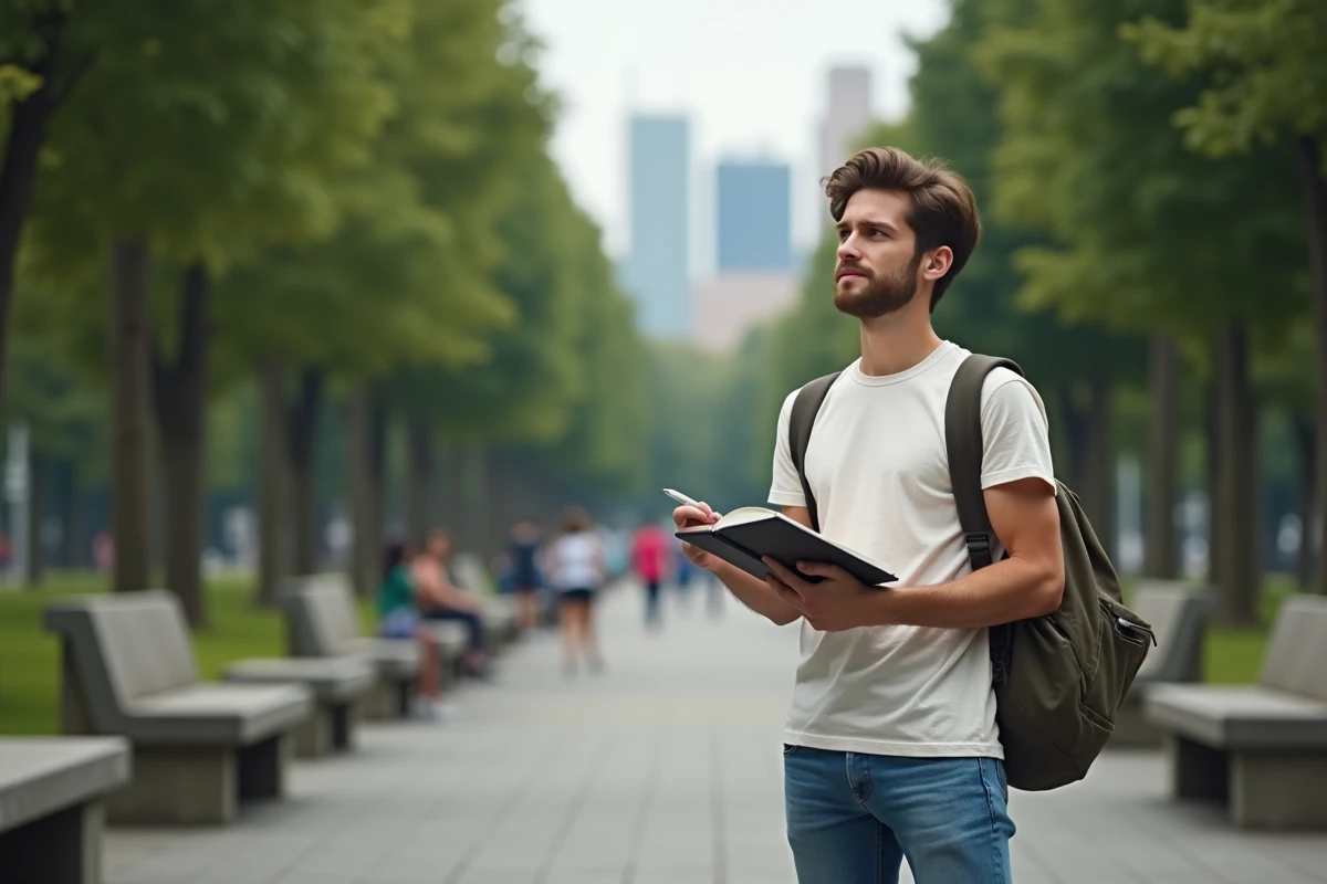 Jeune homme dans un parc urbain avec carnet et stylo